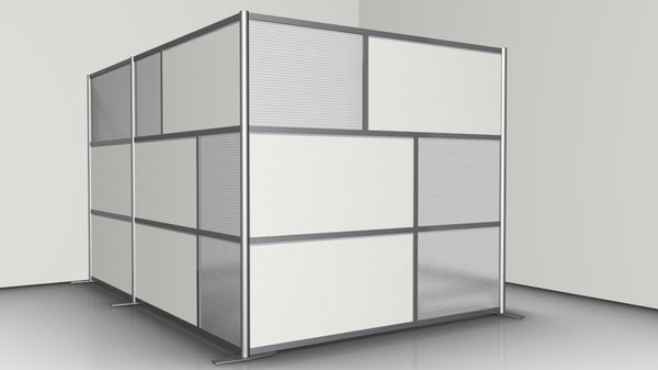 L-Shaped Office Partition, 124" x 84" x 75" high, White and Translucent Panels