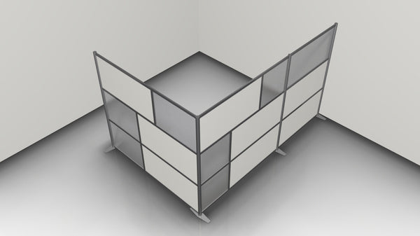 L-Shaped Office Partition, 124" x 84" x 75" high, White and Translucent Panels