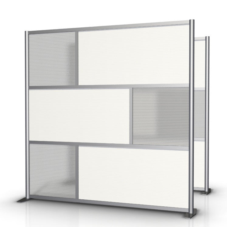 The 75” wide by 75” tall Office Partition features white and translucent panels. It’s a modular room partition system that can divide offices, desks, healthcare facilities, and rooms. These room dividers are ideal for offices, office cubicles, and partition walls.