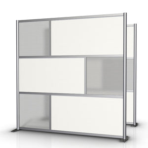 The 75” wide by 75” tall Office Partition features white and translucent panels. It’s a modular room partition system that can divide offices, desks, healthcare facilities, and rooms. These room dividers are ideal for offices, office cubicles, and partition walls.