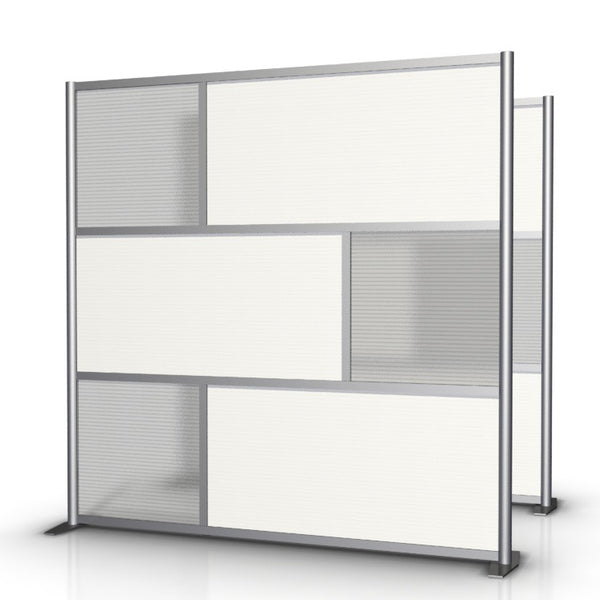 The 75” wide by 75” tall Office Partition features white and translucent panels. It’s a modular room partition system that can divide offices, desks, healthcare facilities, and rooms. These room dividers are ideal for offices, office cubicles, and partition walls.
