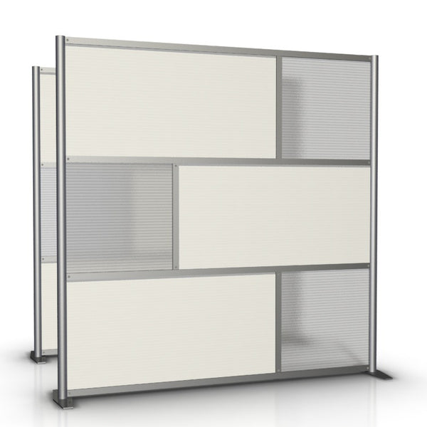 75” wide and 75” tall Office Partition with white and translucent panels, a modular room partition system for dividing offices, desks, healthcare facilities, and rooms.