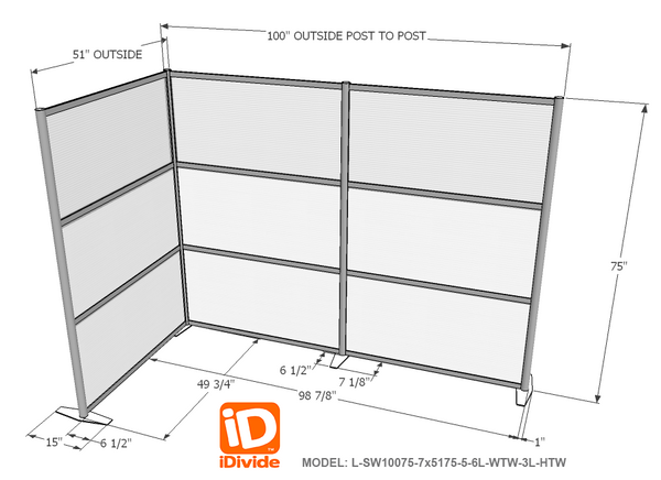 100"L x 51"W x 75" high - L-Shaped Office Partition, White & Translucent Panels L-SW10075-7x5175-5