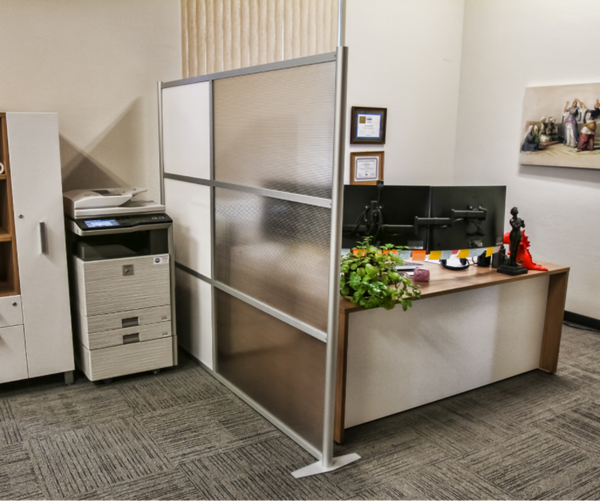 84" wide by 75" tall modern office partition and room divider with white & translucent panels